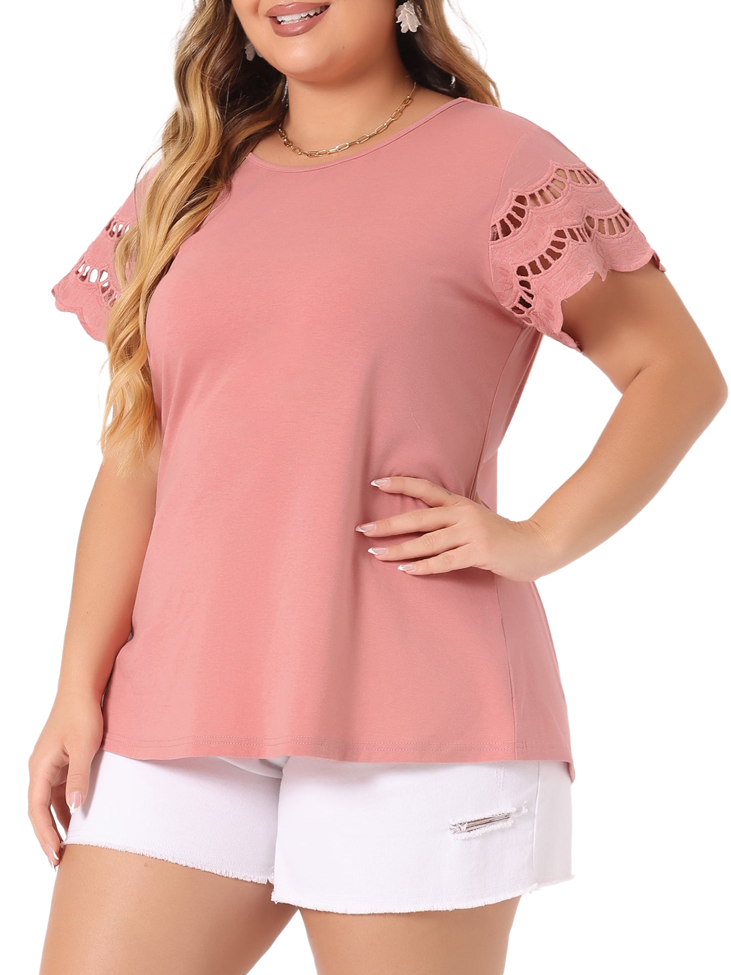 Women's Plus Size Top Round Neck Lace Panel Hollow Short Sleeve Elegant Summer Blouse
