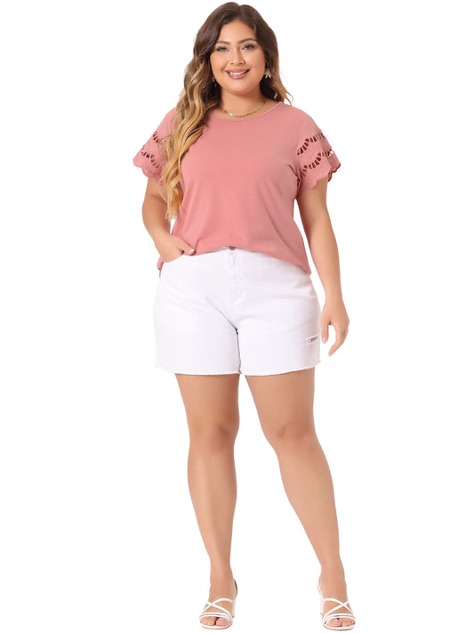 Women's Plus Size Top Round Neck Lace Panel Hollow Short Sleeve Elegant Summer Blouse