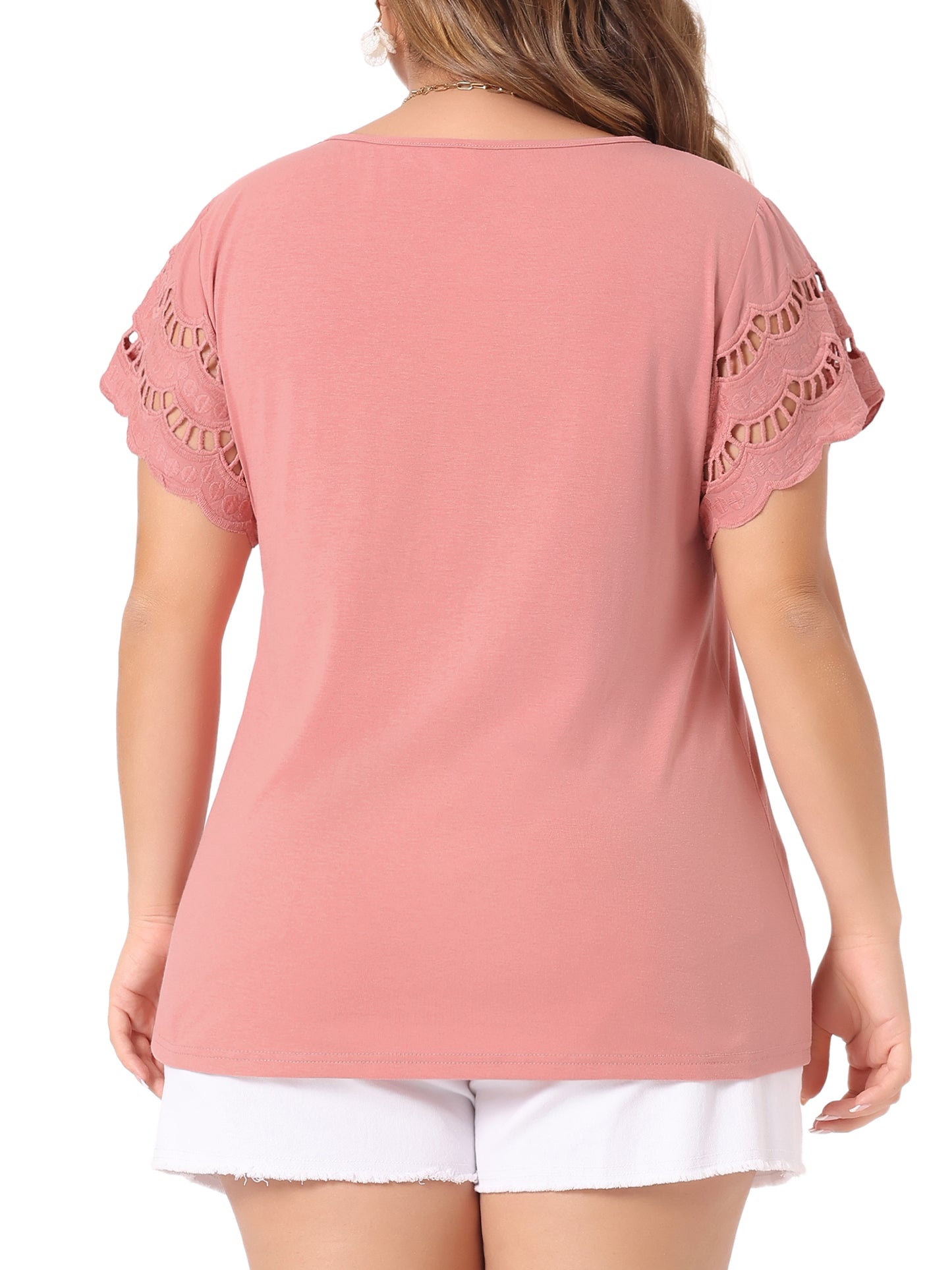 Women's Plus Size Top Round Neck Lace Panel Hollow Short Sleeve Elegant Summer Blouse