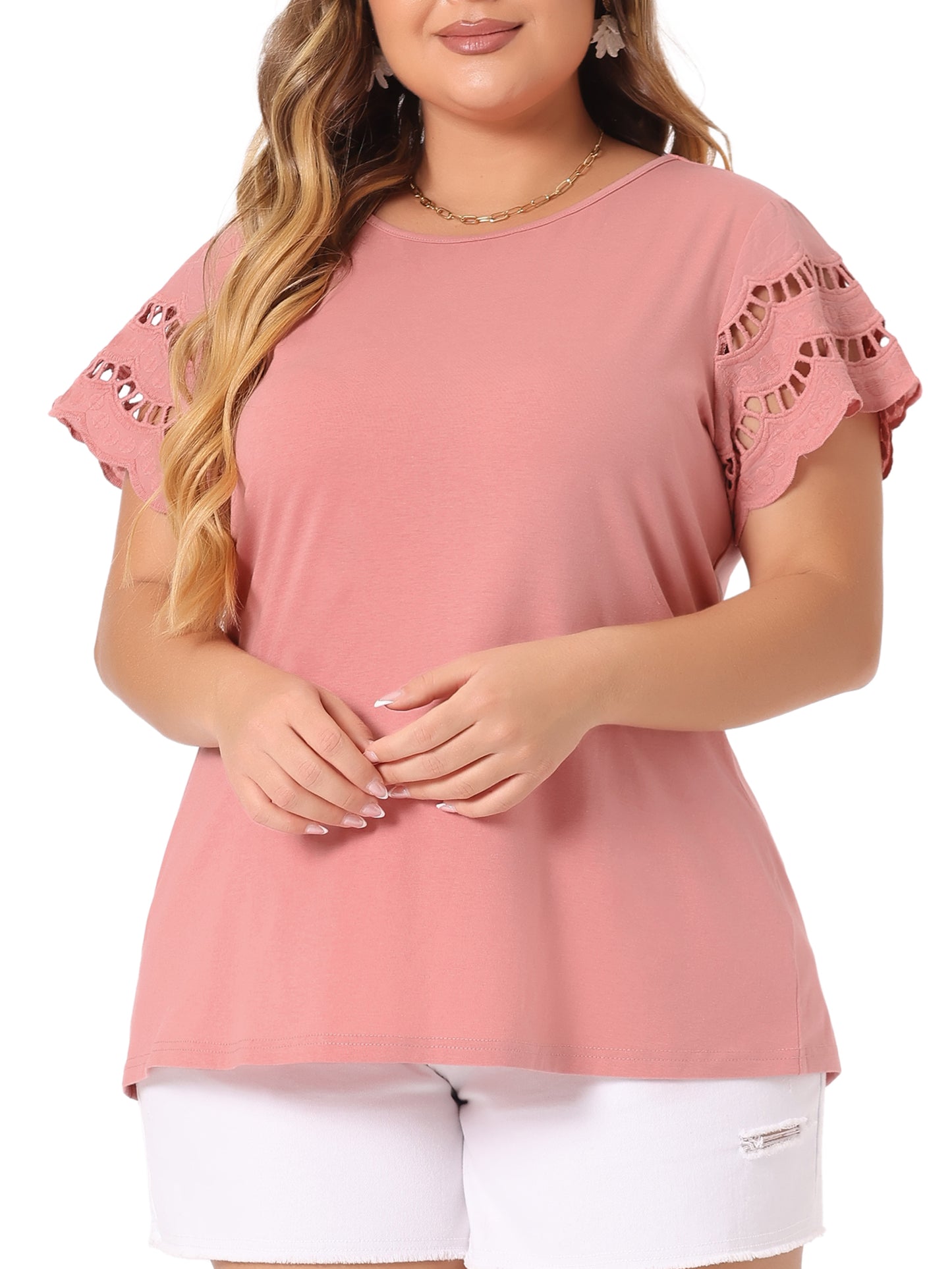 Women's Plus Size Top Round Neck Lace Panel Hollow Short Sleeve Elegant Summer Blouse