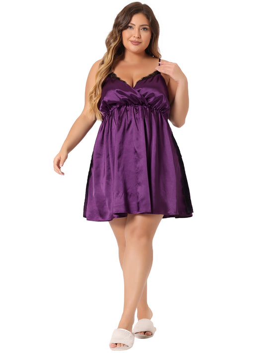 Women Plus Size Satin Sexy Lace Chemise Nightgown Lingerie Side Slit Sleepwear
