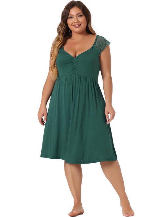 Women Plus Size Lace Cap Sleeve Sleep Dress V Neck Nightwear Loungewear Sleep Dress