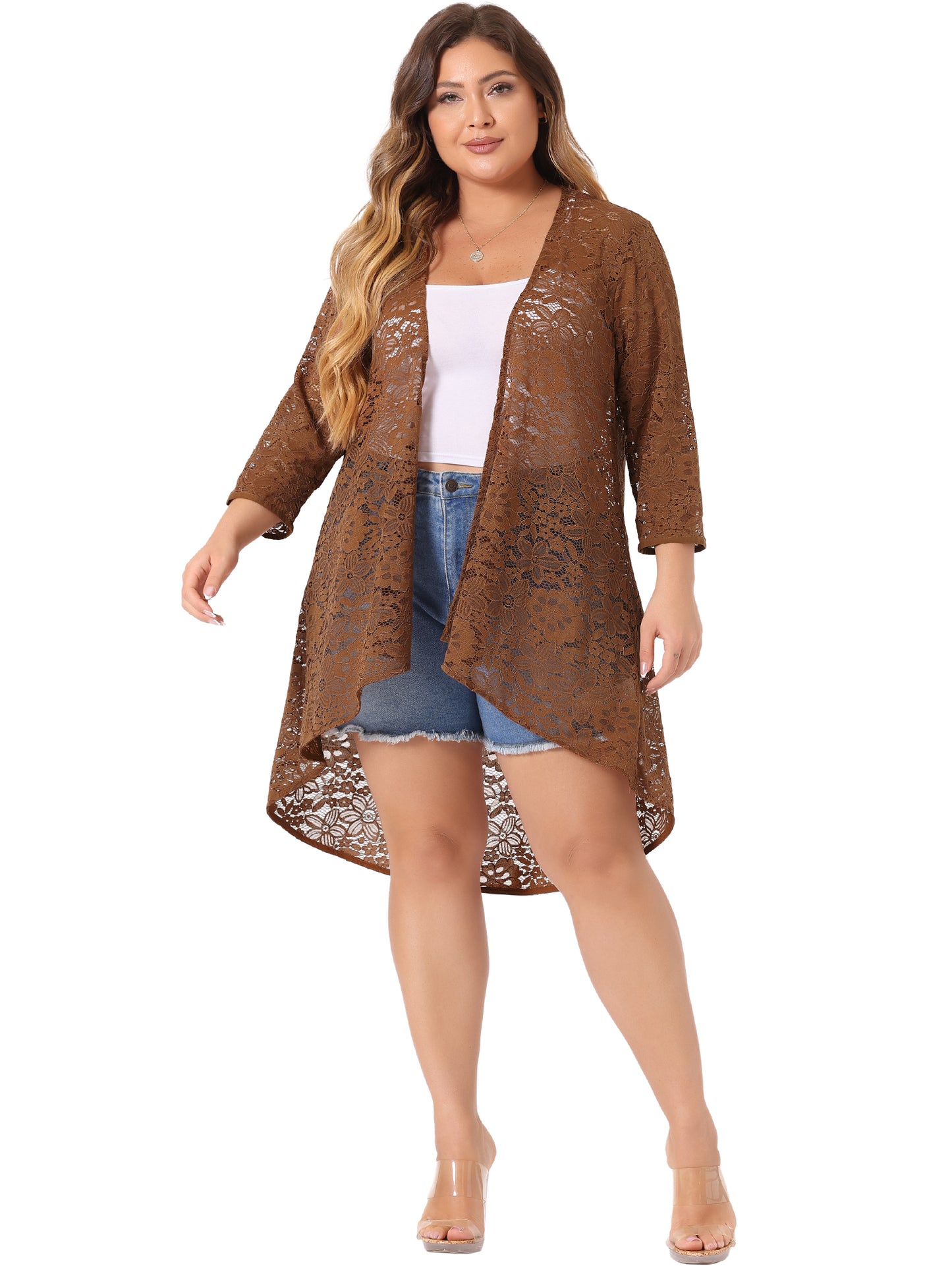 Women's Plus Size Cardigan Lace Crochet High Low 3/4 Sleeve Open Front Sheer Kimonos Cover Up