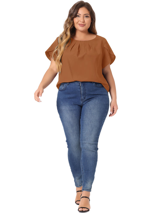 Women Plus Size Work Top Round Neck Pleated Tulip Sleeves Blouse Summer Top