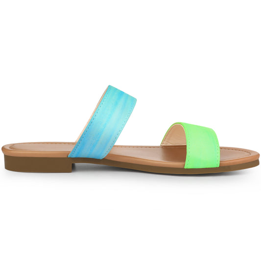 Women's Tie Dye Dual Straps Slip On Fluorescent Slides Flats Sandals