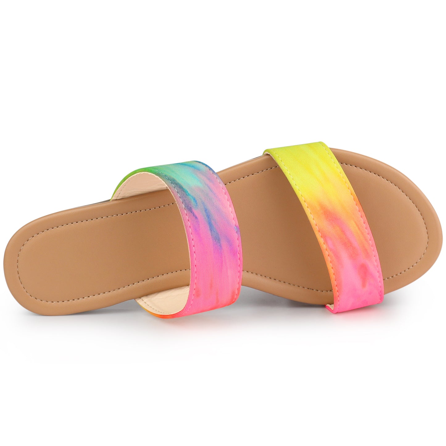 Sandalias planas fluorescentes con tiras dobles y efecto tie-dye para mujer