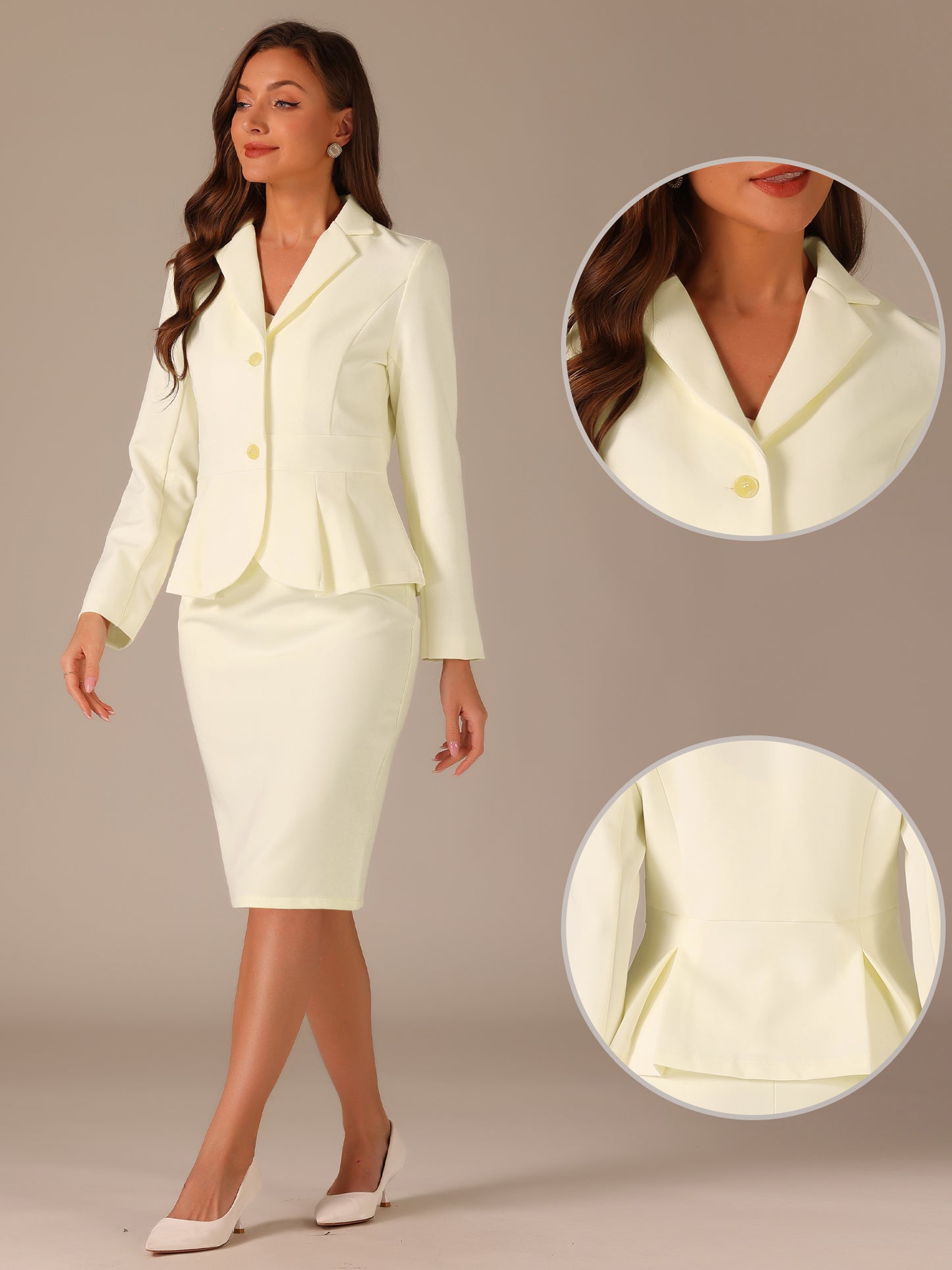 Women's 2 Piece Skirt Suit Set Formal Notched Lapel Peplum Blazer Pencil Skirt