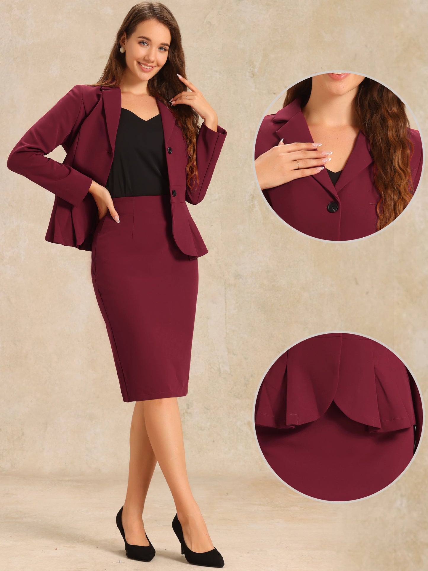 Women's 2 Piece Skirt Suit Set Formal Notched Lapel Peplum Blazer Pencil Skirt (Available in Plus Size)