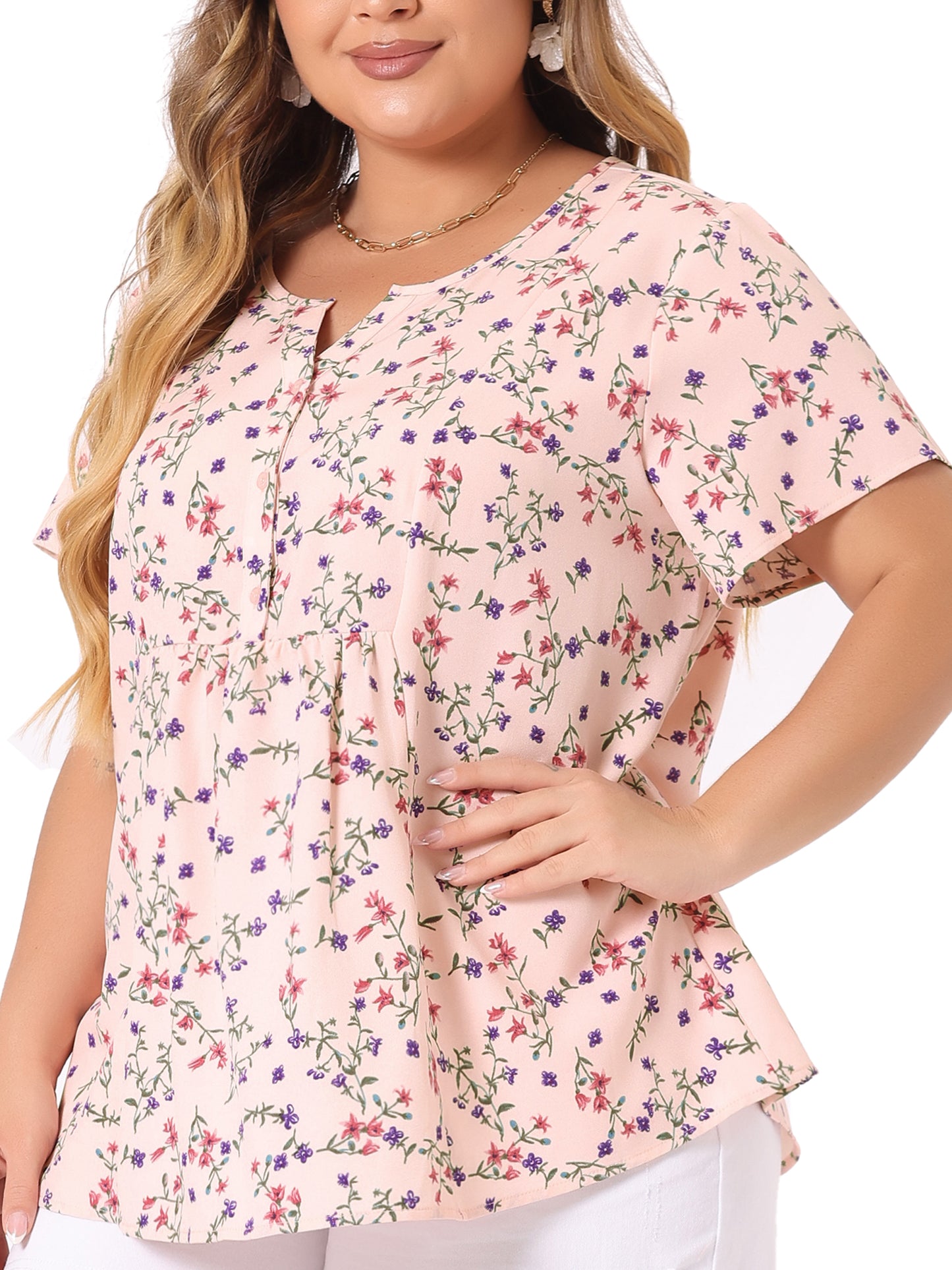 Women's Plus Size Summer Top Floral Half Placket Short Sleeve Blouse