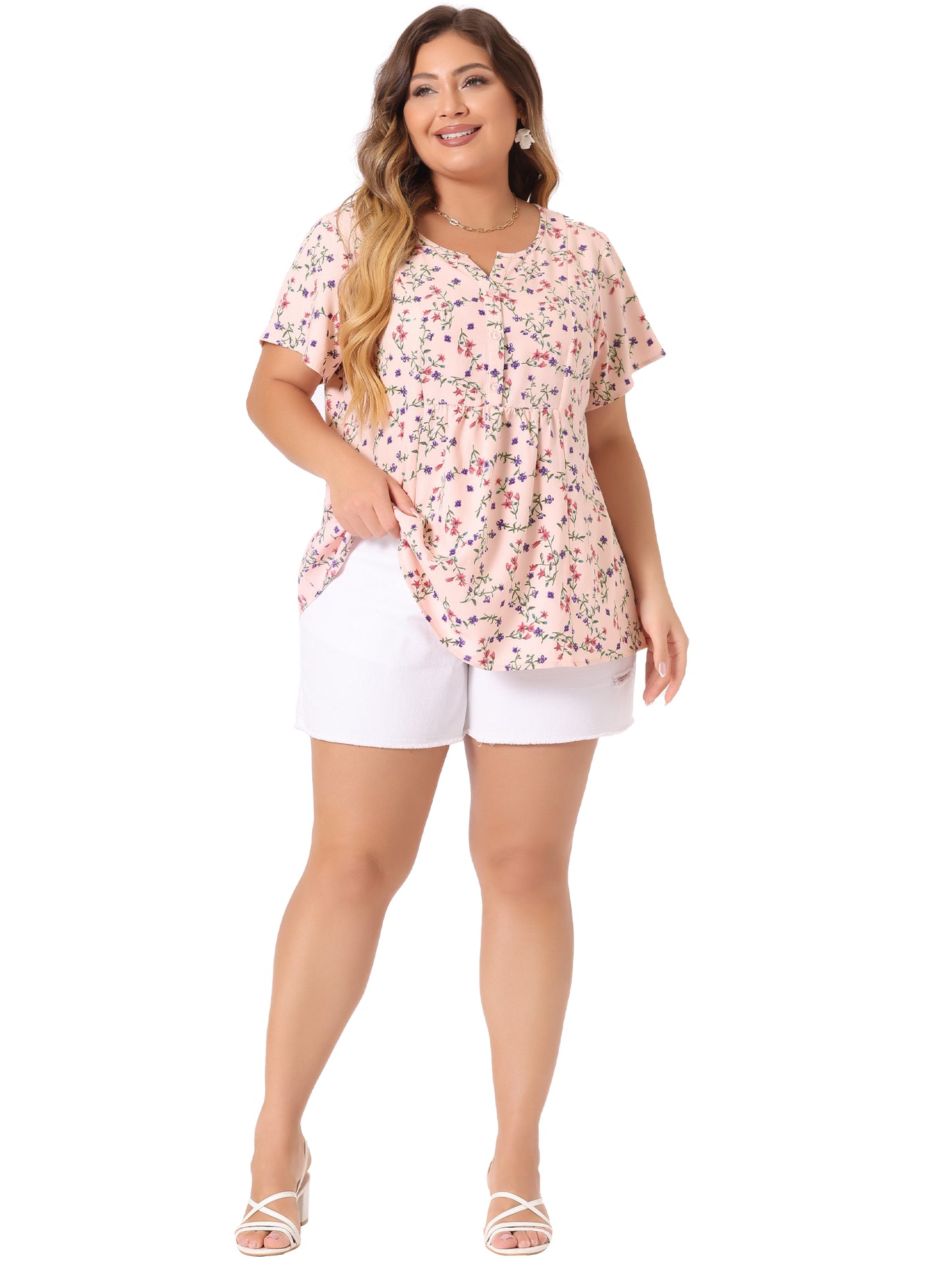 Women's Plus Size Summer Top Floral Half Placket Short Sleeve Blouse