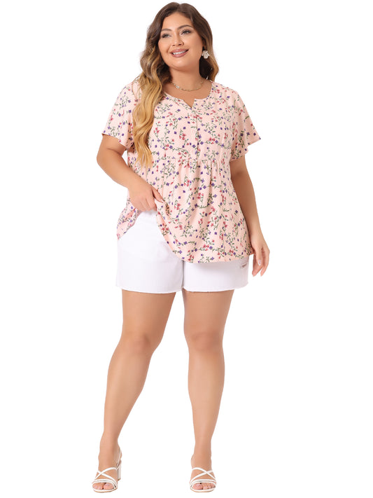 Women's Plus Size Summer Top Floral Half Placket Short Sleeve Blouse
