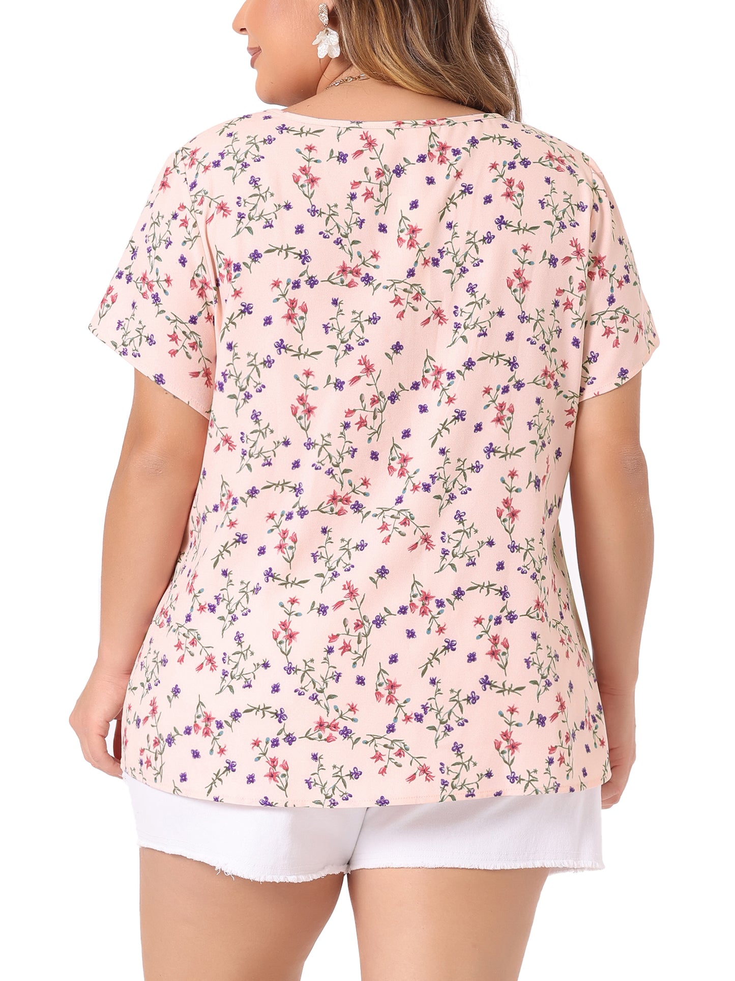 Women's Plus Size Summer Top Floral Half Placket Short Sleeve Blouse