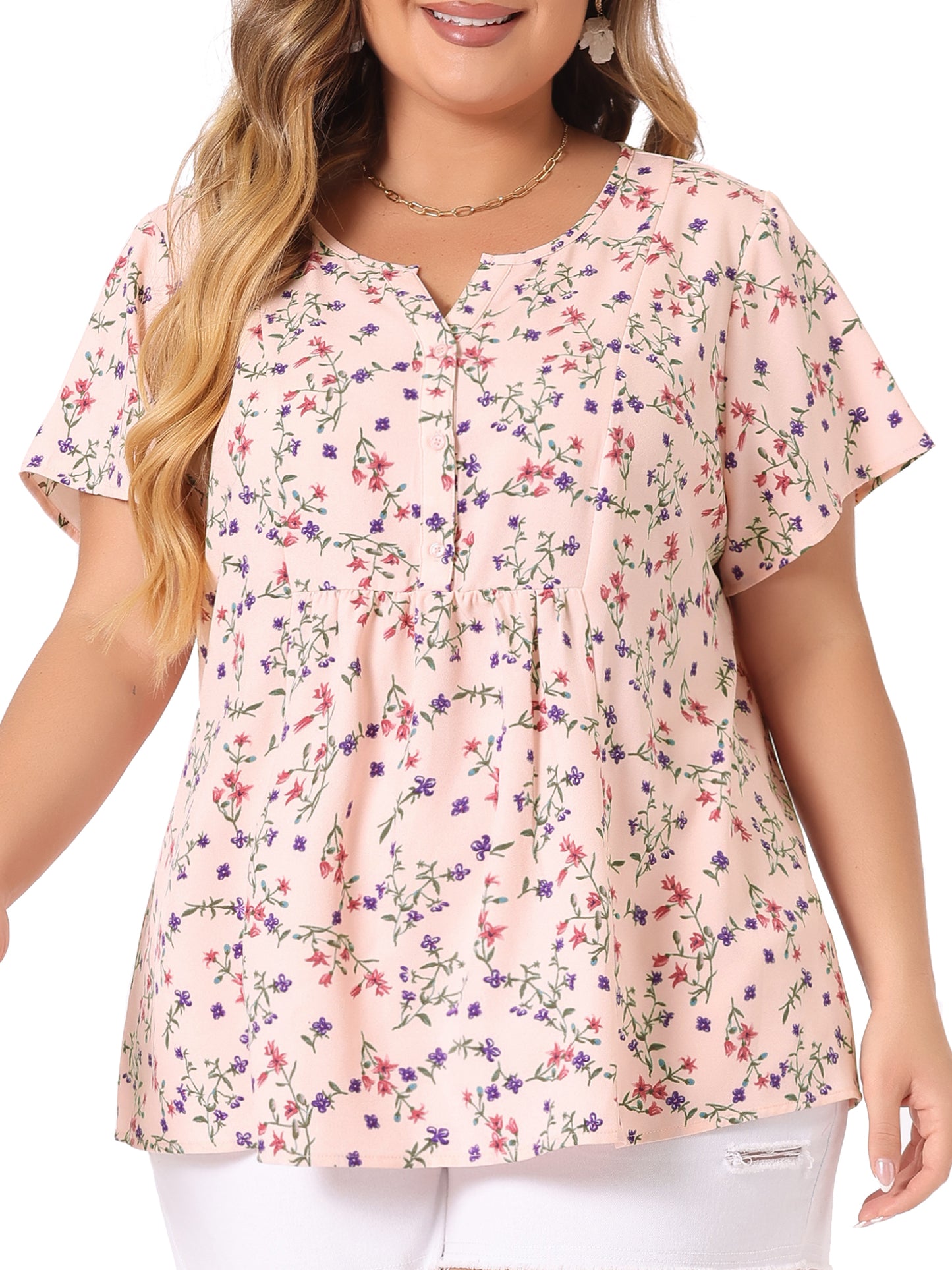 Women's Plus Size Summer Top Floral Half Placket Short Sleeve Blouse