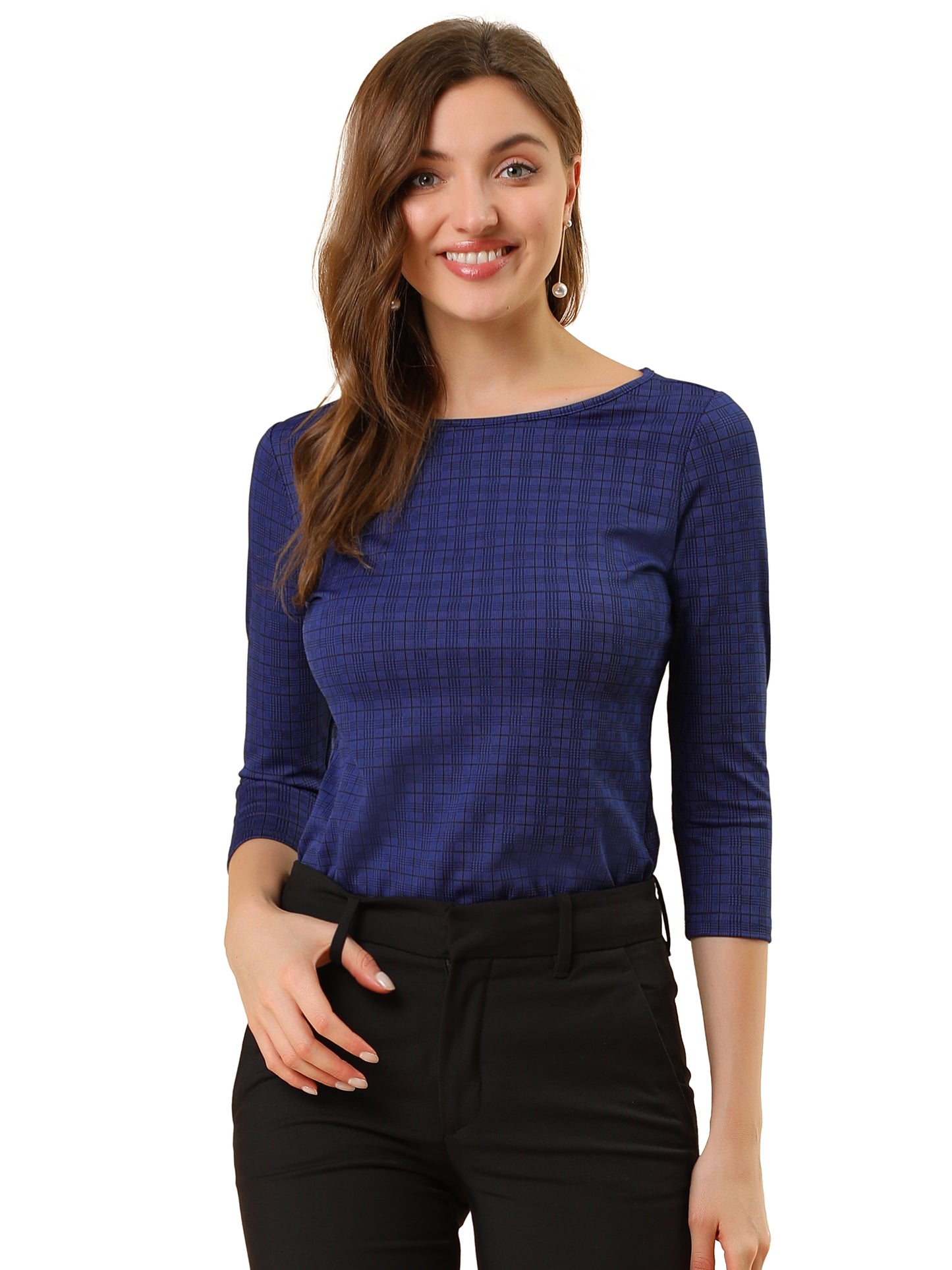Women Houndstooth Plaid Boat Neck 3/4 Sleeve Blouse Fall Outfits