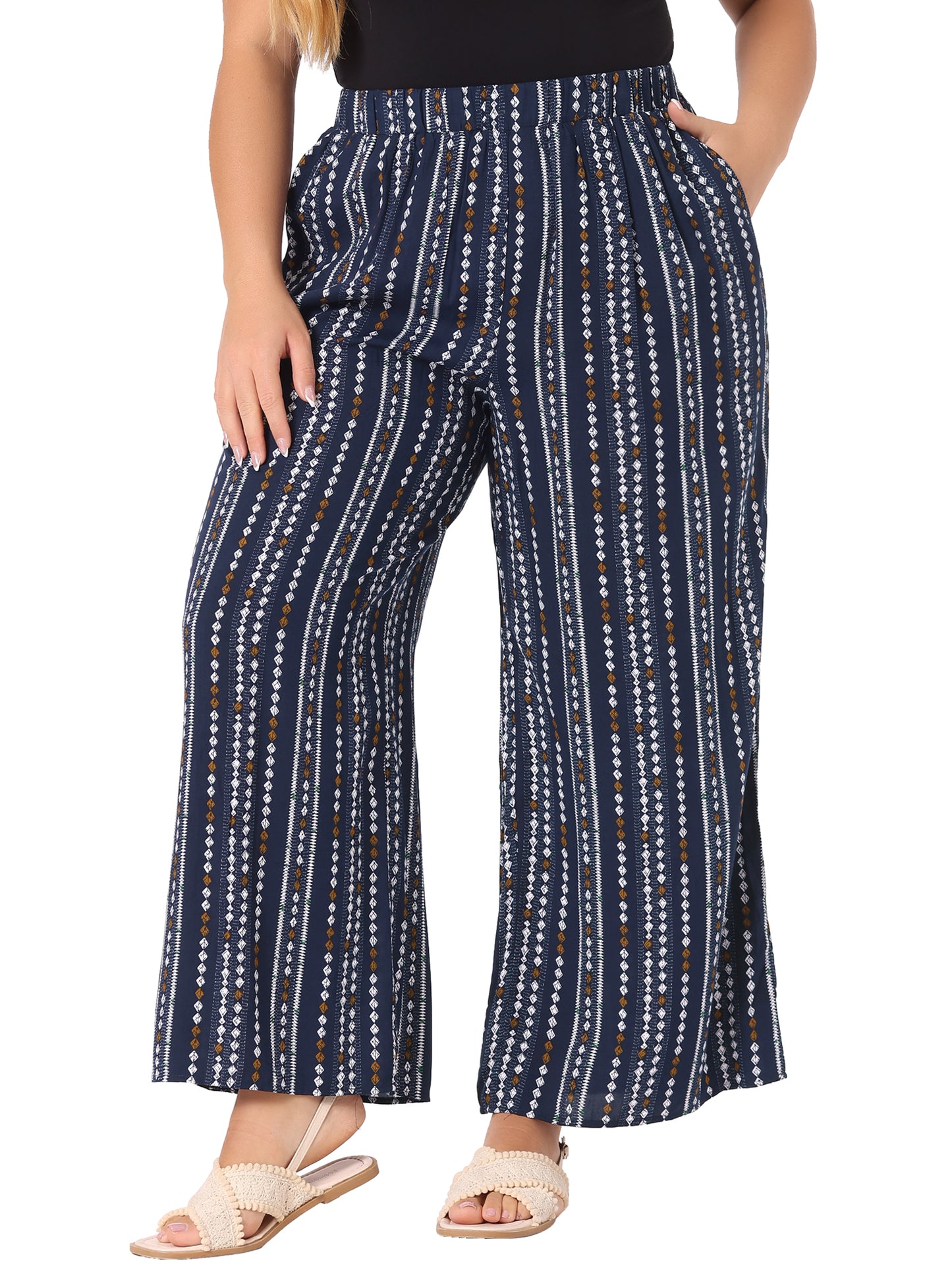 Women Plus Size Palazzo Pants Stripe Boho Wide Leg Paper Bag Pants Beach Casual Summer