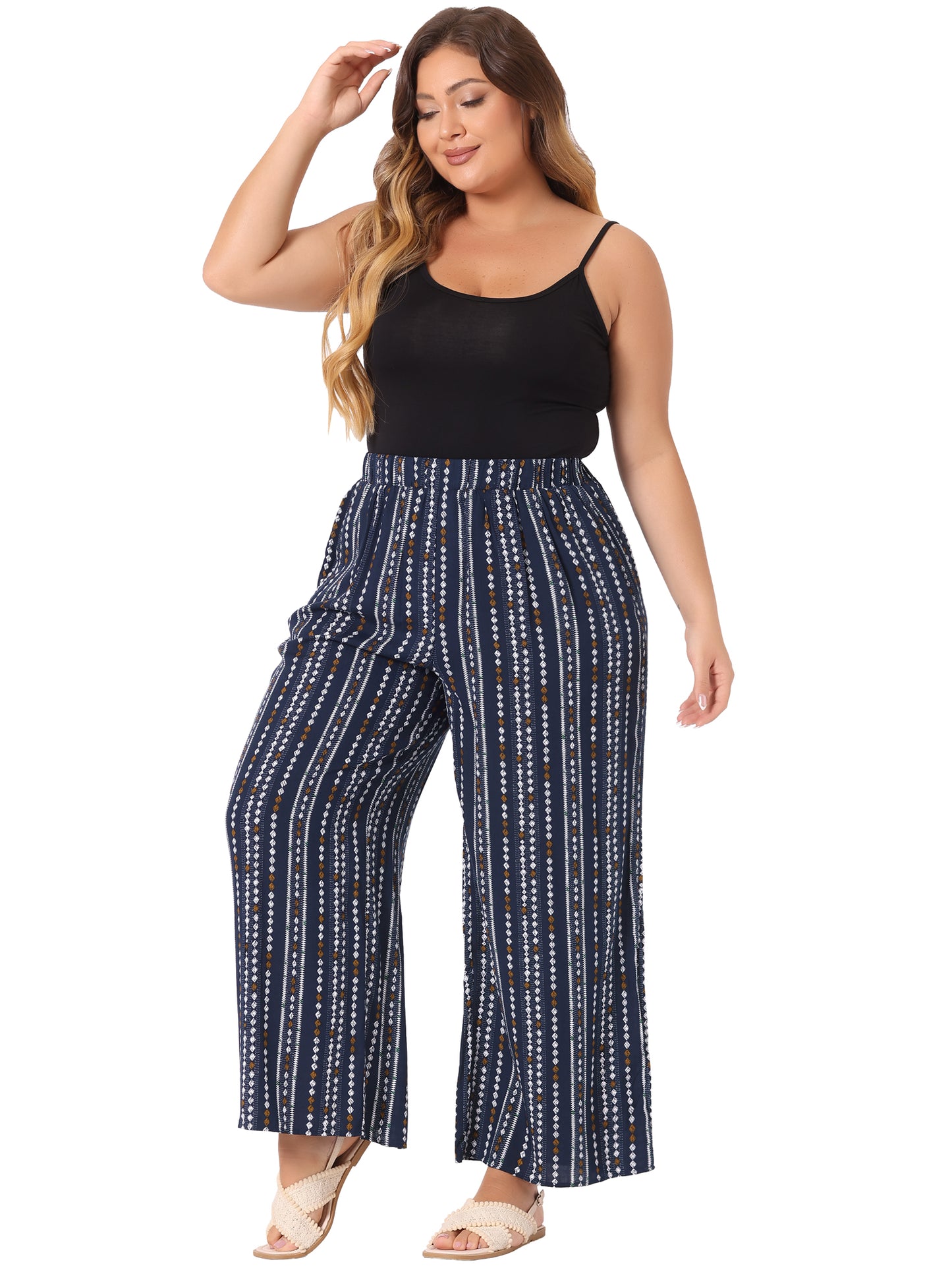 Women Plus Size Palazzo Pants Stripe Boho Wide Leg Paper Bag Pants Beach Casual Summer