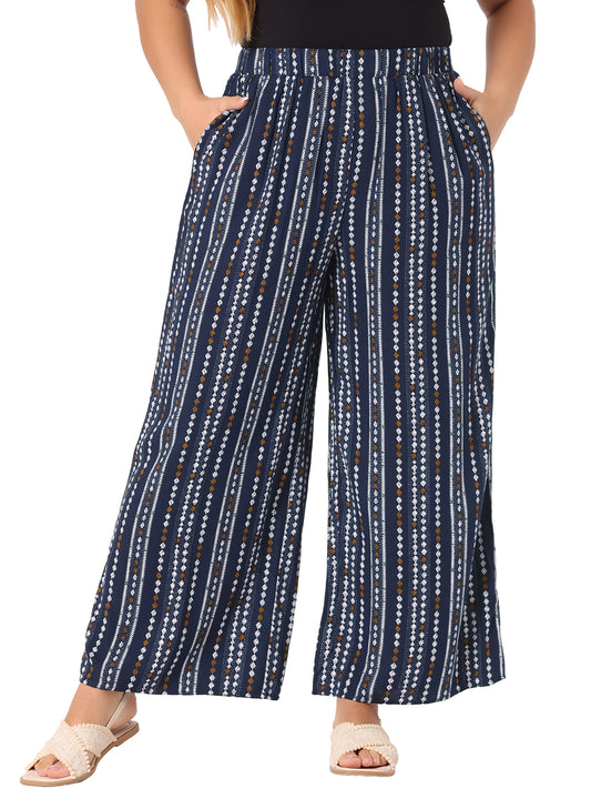 Women Plus Size Palazzo Pants Stripe Boho Wide Leg Paper Bag Pants Beach Casual Summer