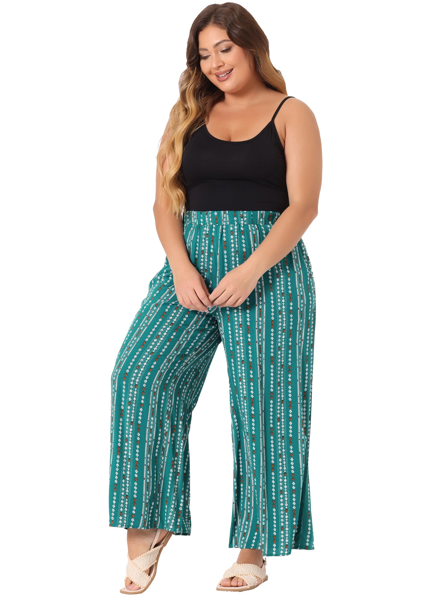 Women Plus Size Palazzo Pants Stripe Boho Wide Leg Paper Bag Pants Beach Casual Summer