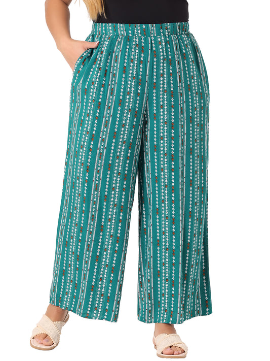 Women Plus Size Palazzo Pants Stripe Boho Wide Leg Paper Bag Pants Beach Casual Summer