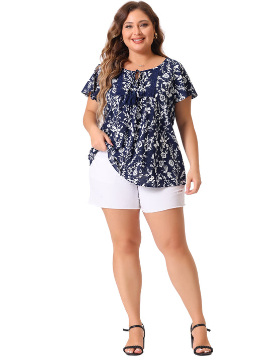 Women Plus Size Blouses Round Neck Short Sleeve Floral Top