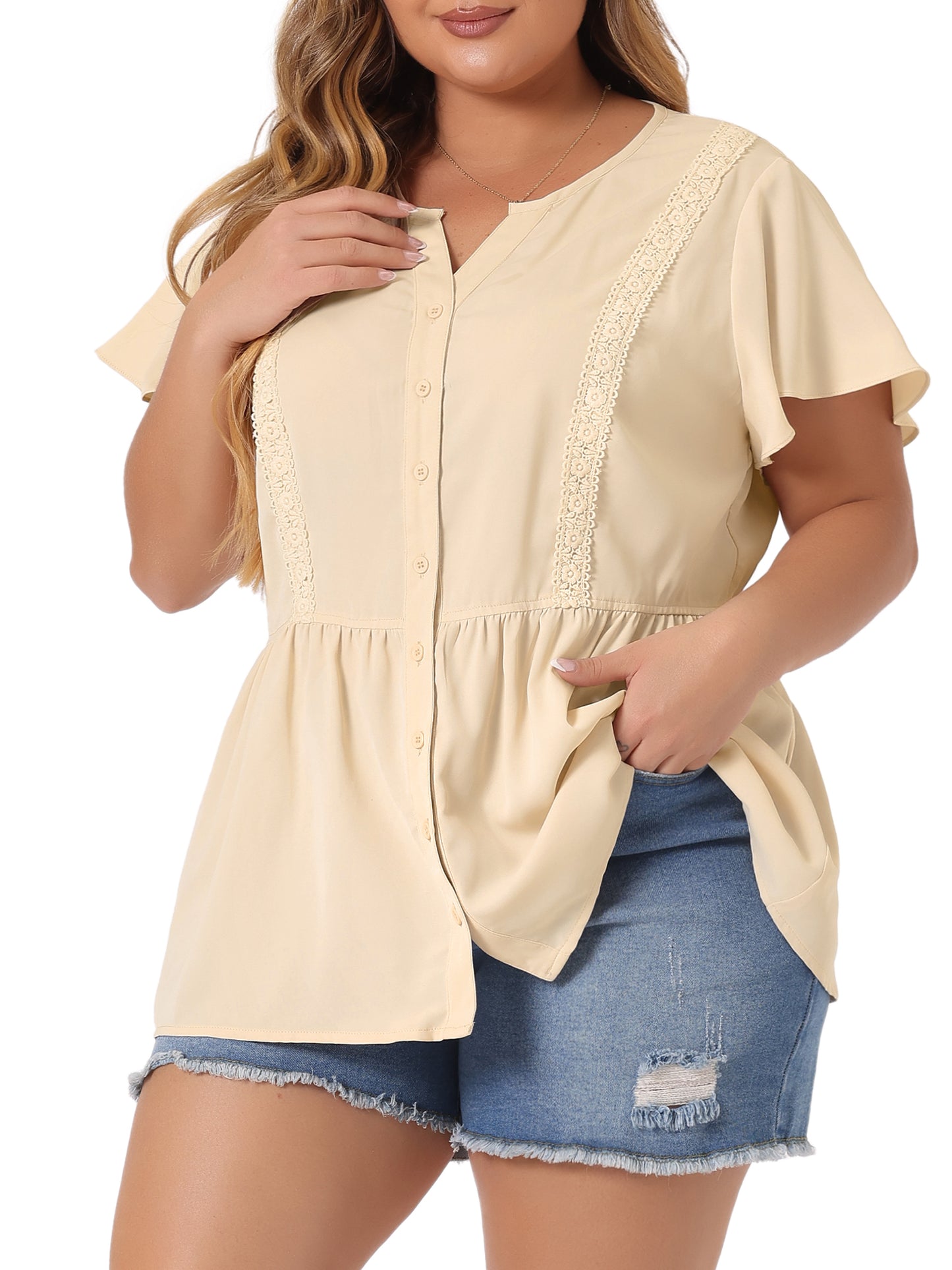 Women Plus Size Blouse Shirt Button Down V Neck Short Sleeve Flare Peplum Top