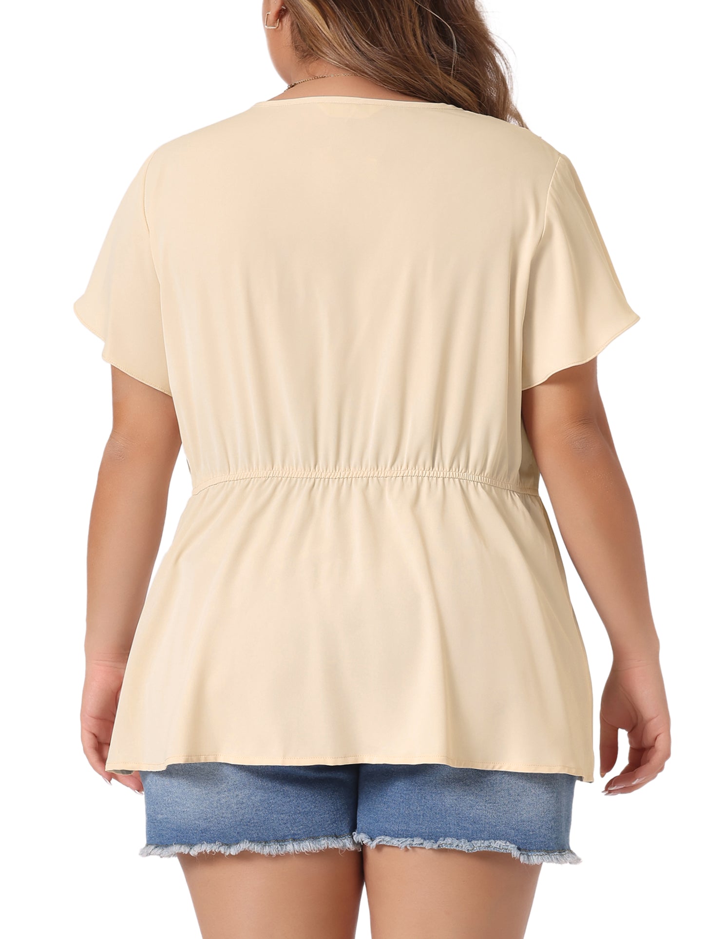 Women Plus Size Blouse Shirt Button Down V Neck Short Sleeve Flare Peplum Top