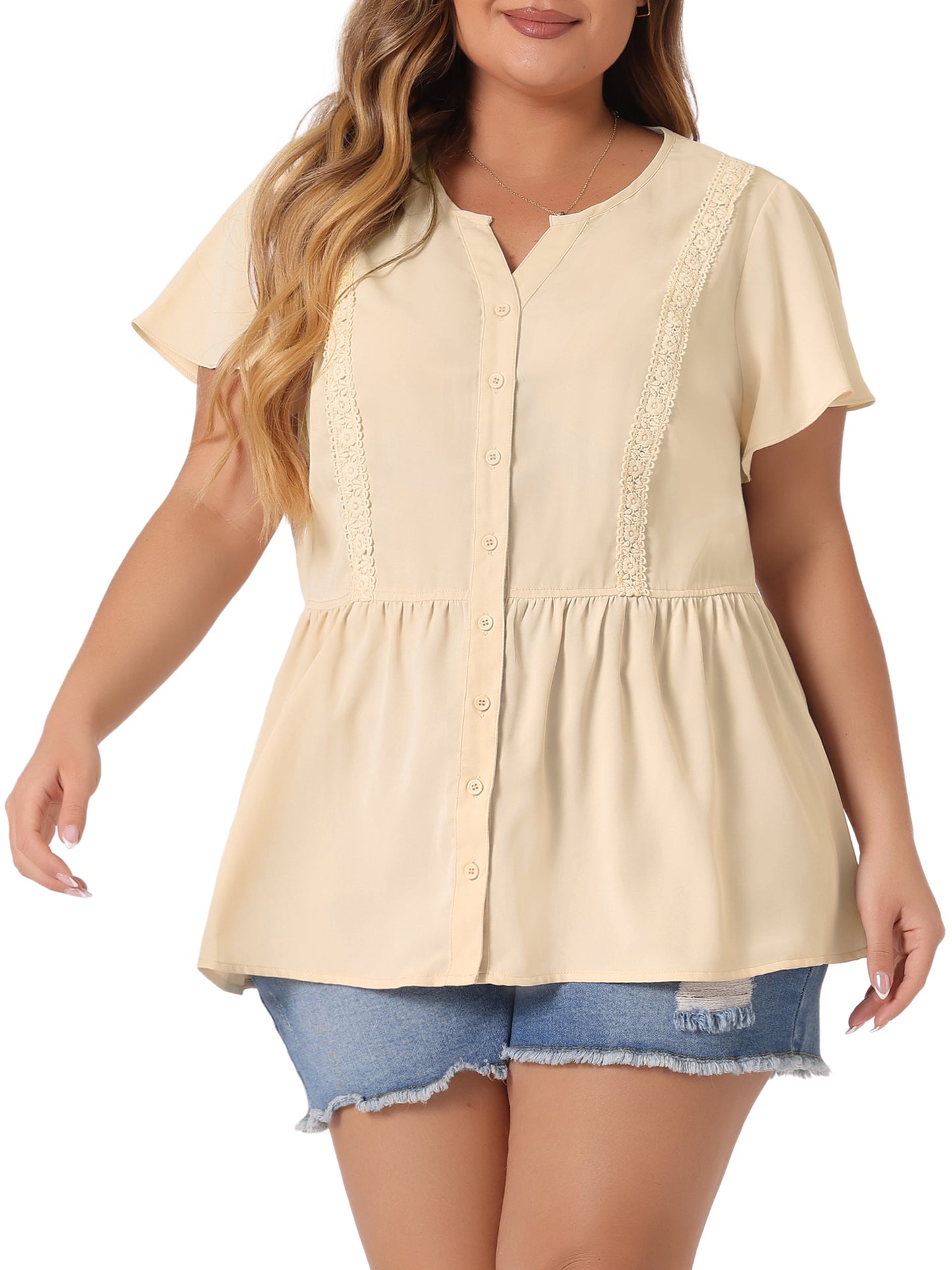 Women Plus Size Blouse Shirt Button Down V Neck Short Sleeve Flare Peplum Top