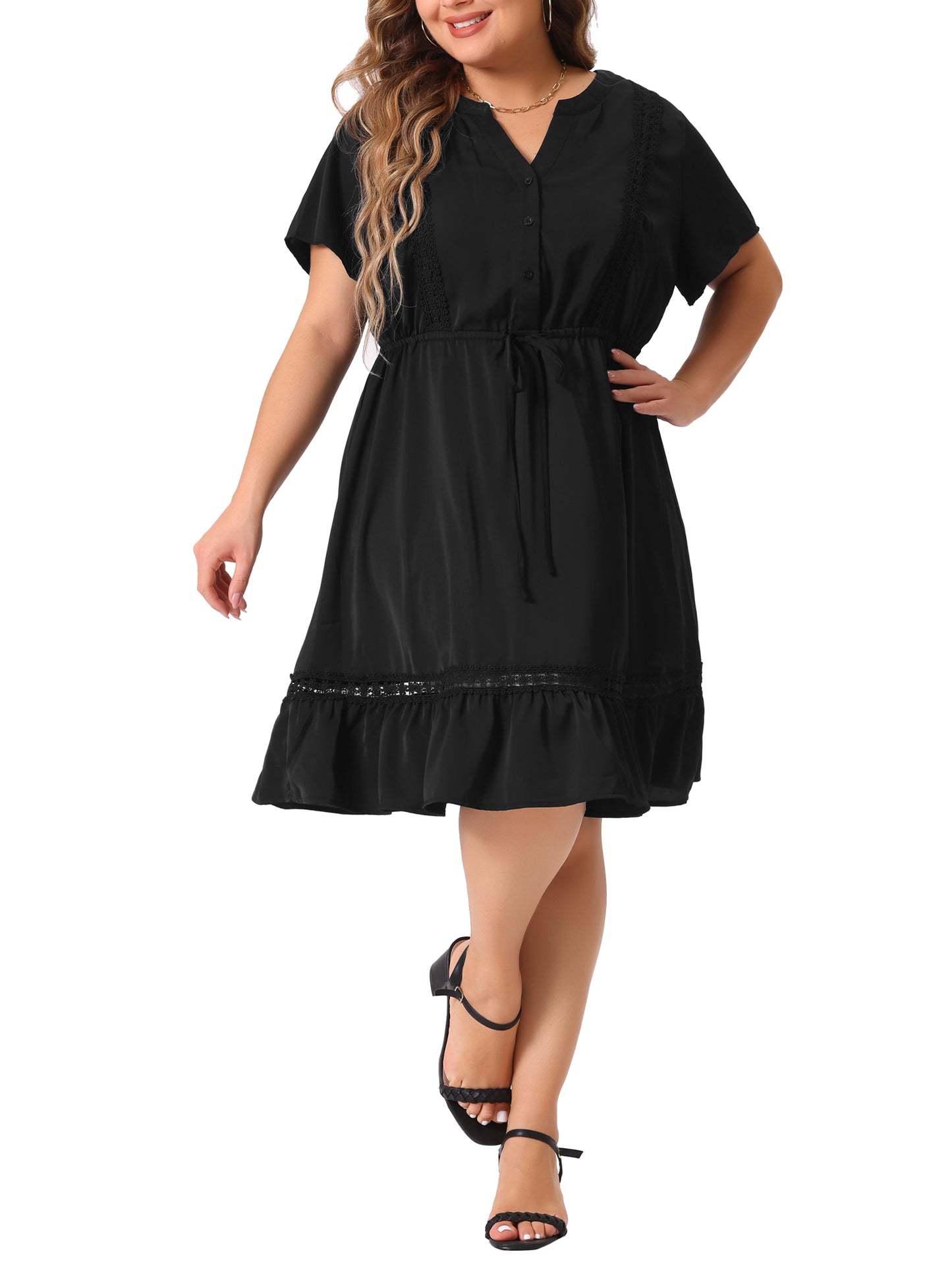 Women Plus Size Button V Neck Summer Midi Ruffle A Line Swing Dress