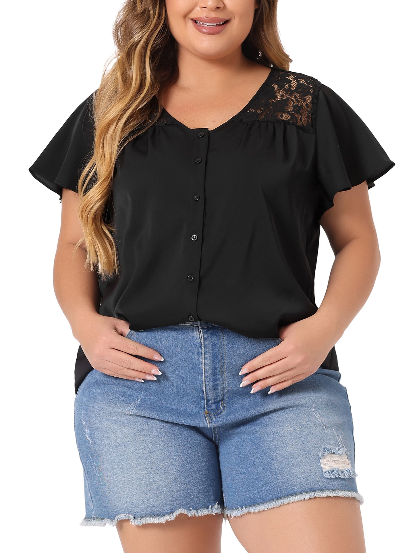 Women Plus Size Chiffon Summer Lace V Neck Flare Sleeve Blouse Shirt Top