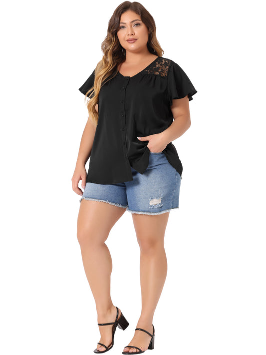 Women Plus Size Chiffon Summer Lace V Neck Flare Sleeve Blouse Shirt Top