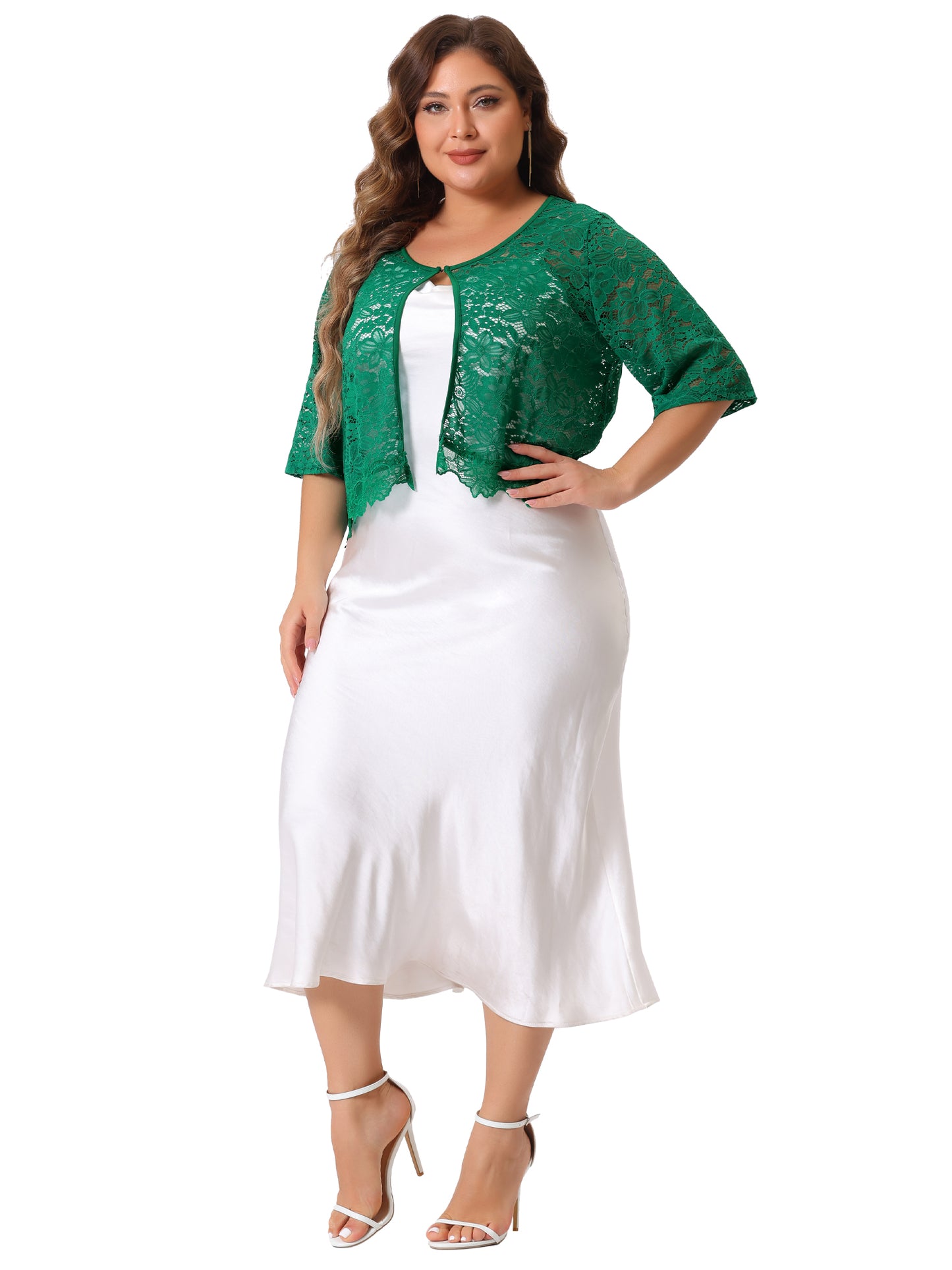 Women Plus Size Bolero Shrugs Floral Summer Cardigan 1/2 Sleeve Sheer Lace Shrug