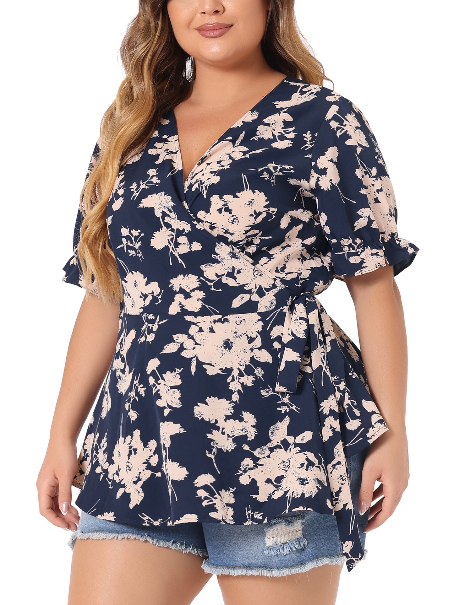 Women's Plus Size Blouse Floral Ruffle Sleeve Faux Wrap Peplum Top