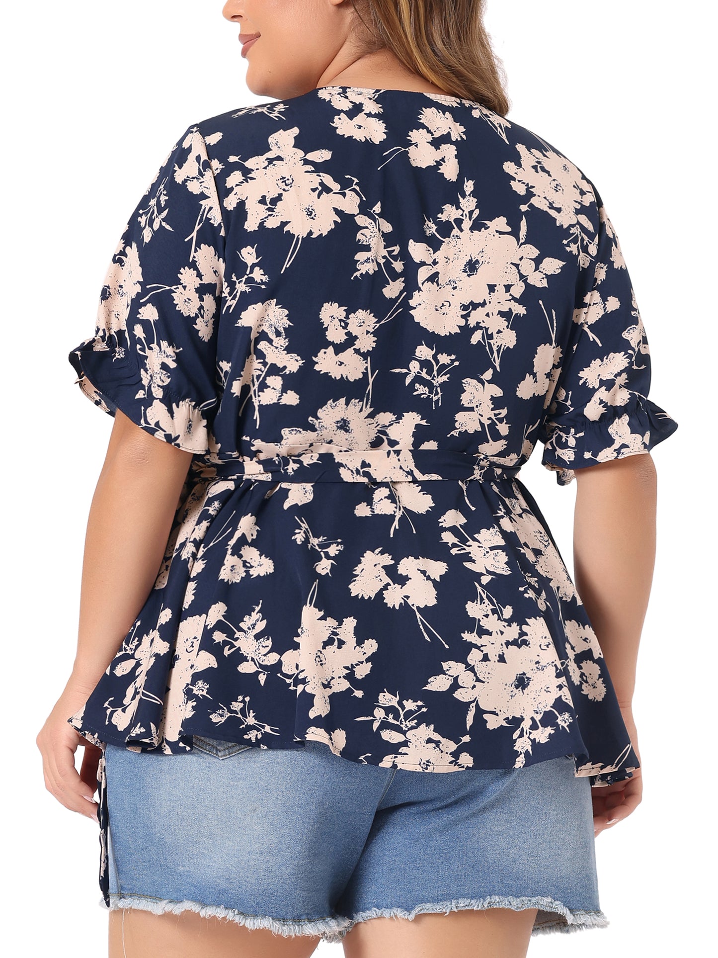 Women's Plus Size Blouse Floral Ruffle Sleeve Faux Wrap Peplum Top