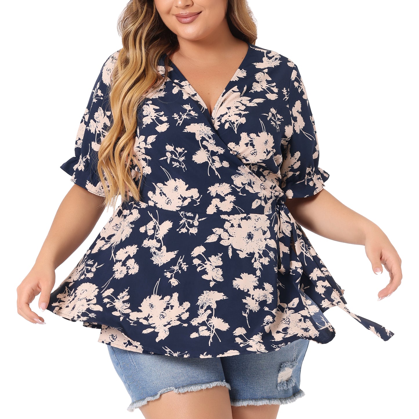 Women's Plus Size Blouse Floral Ruffle Sleeve Faux Wrap Peplum Top