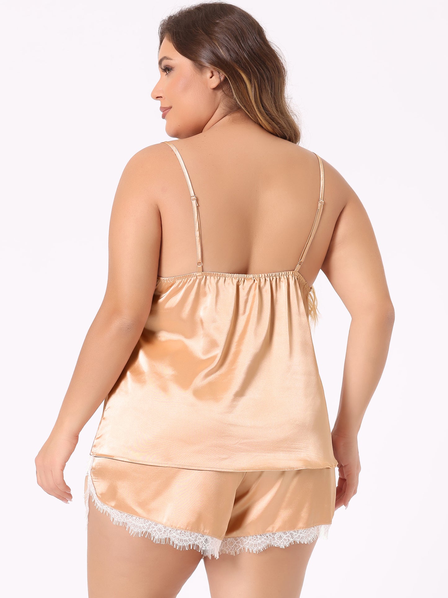 Conjunto de pijama de 2 piezas con top y pantalones cortos de encaje de satén para mujer, talla grande
