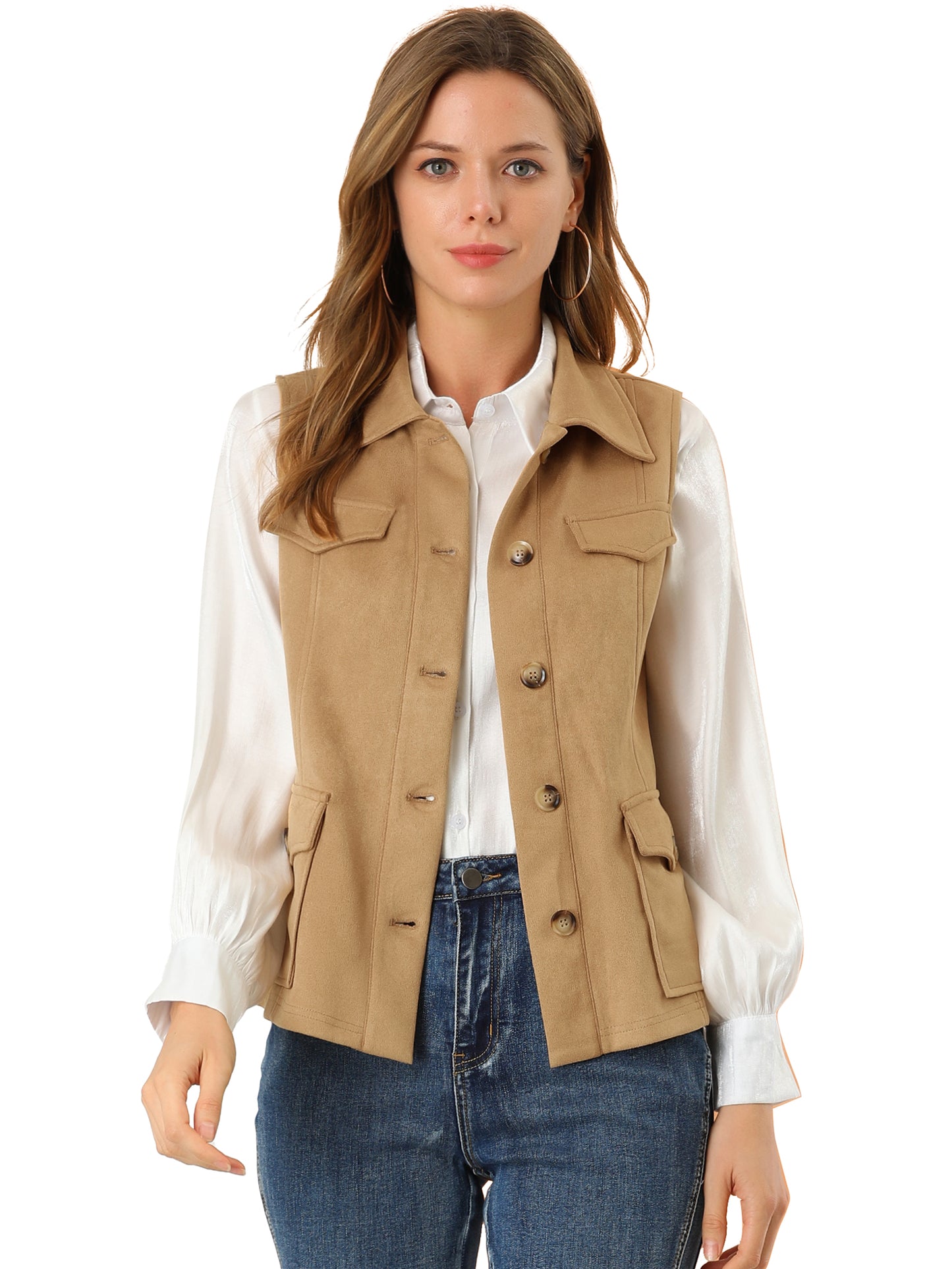 Women's Faux Suede Vest Button Down Pocket Sleeveless Fall Jacket