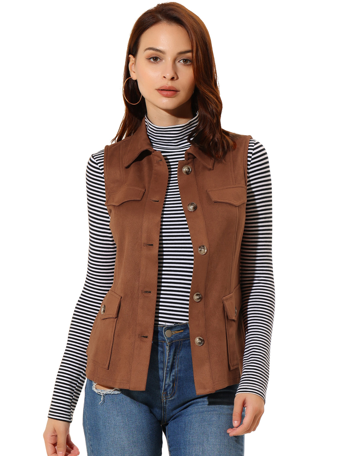 Women's Faux Suede Vest Button Down Pocket Sleeveless Fall Jacket