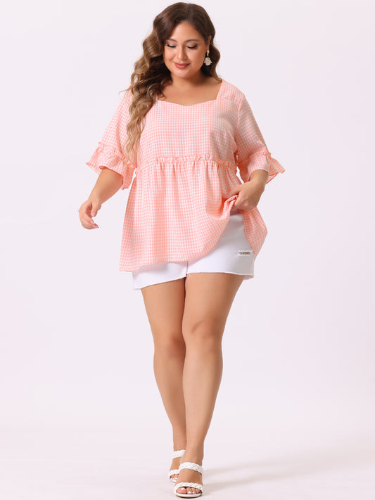 Women Plus Size Gingham Top Sweetheart Plaid Summer Neck Ruffle Sleeve Babydolls Blouse