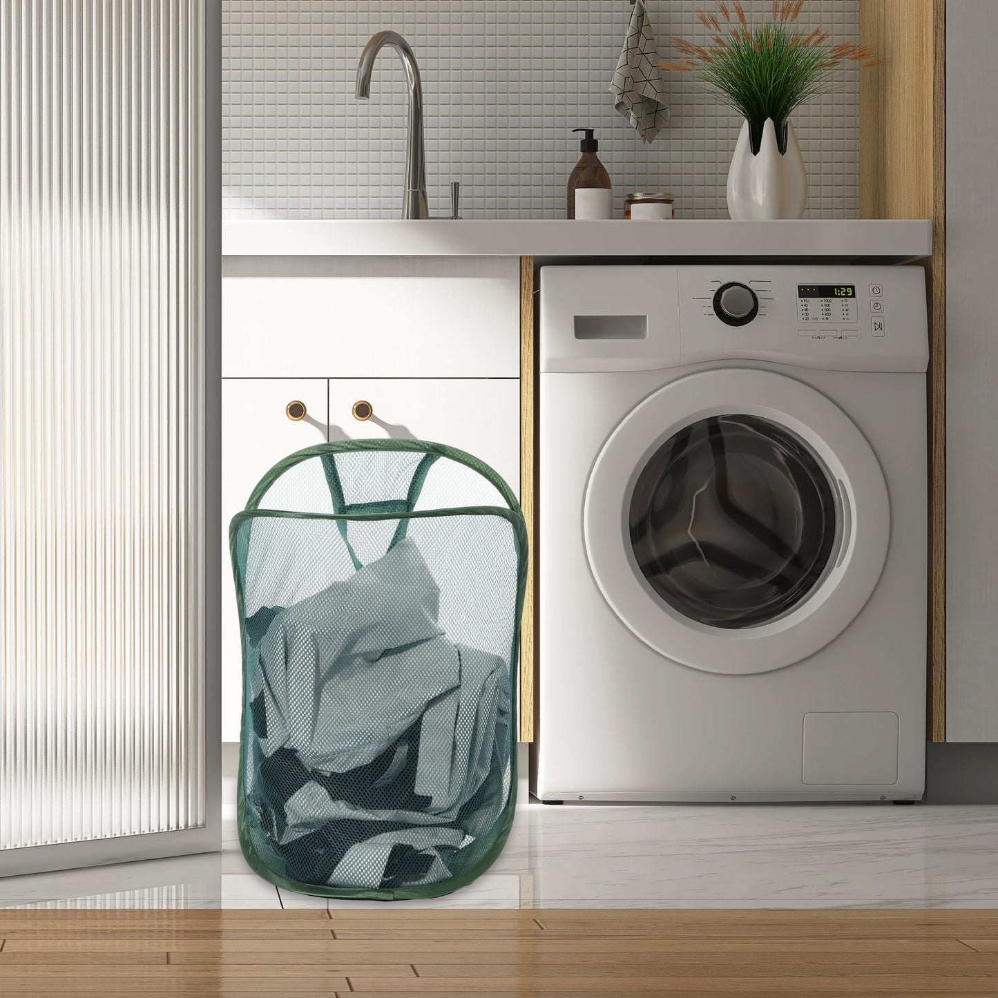 Wall-mounted Folding Laundry Basket for Bathroom 15.75"x7.87"x23.62" 48L Green