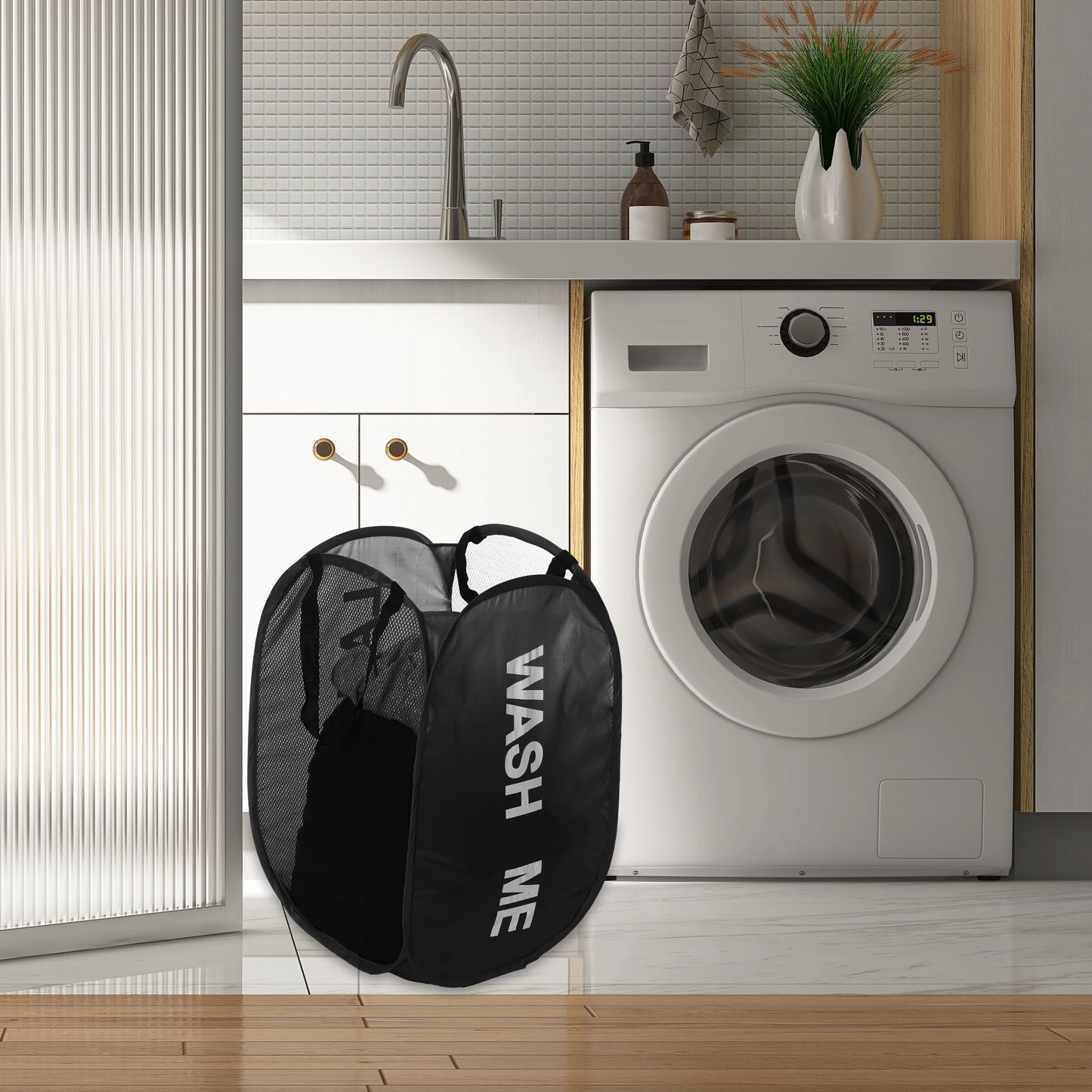 Folding Laundry Basket Durable Folding Laundry Hamper for Bathroom 75L Black