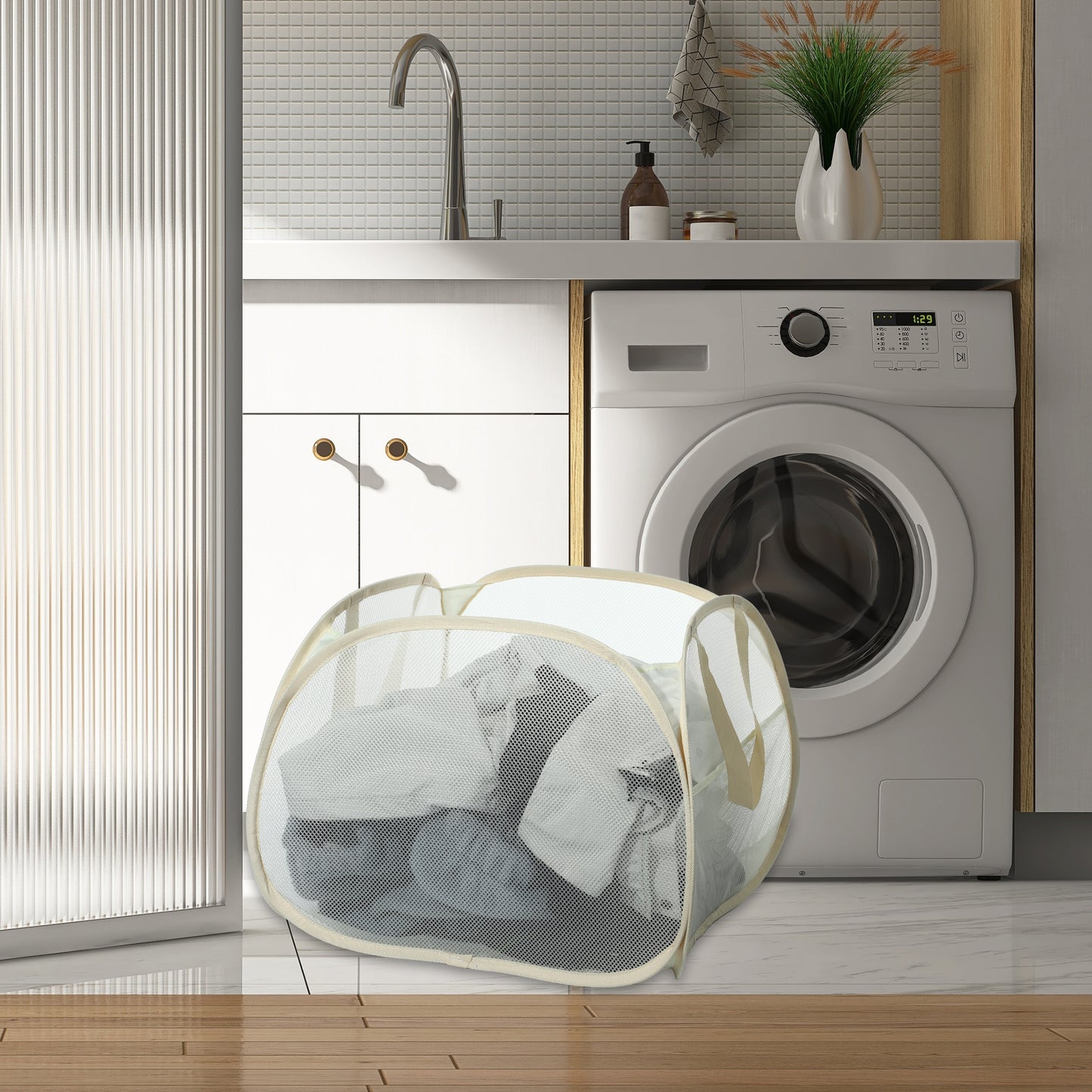 Folding Laundry Basket Portable Hamper Basket for Bathroom 90L Beige
