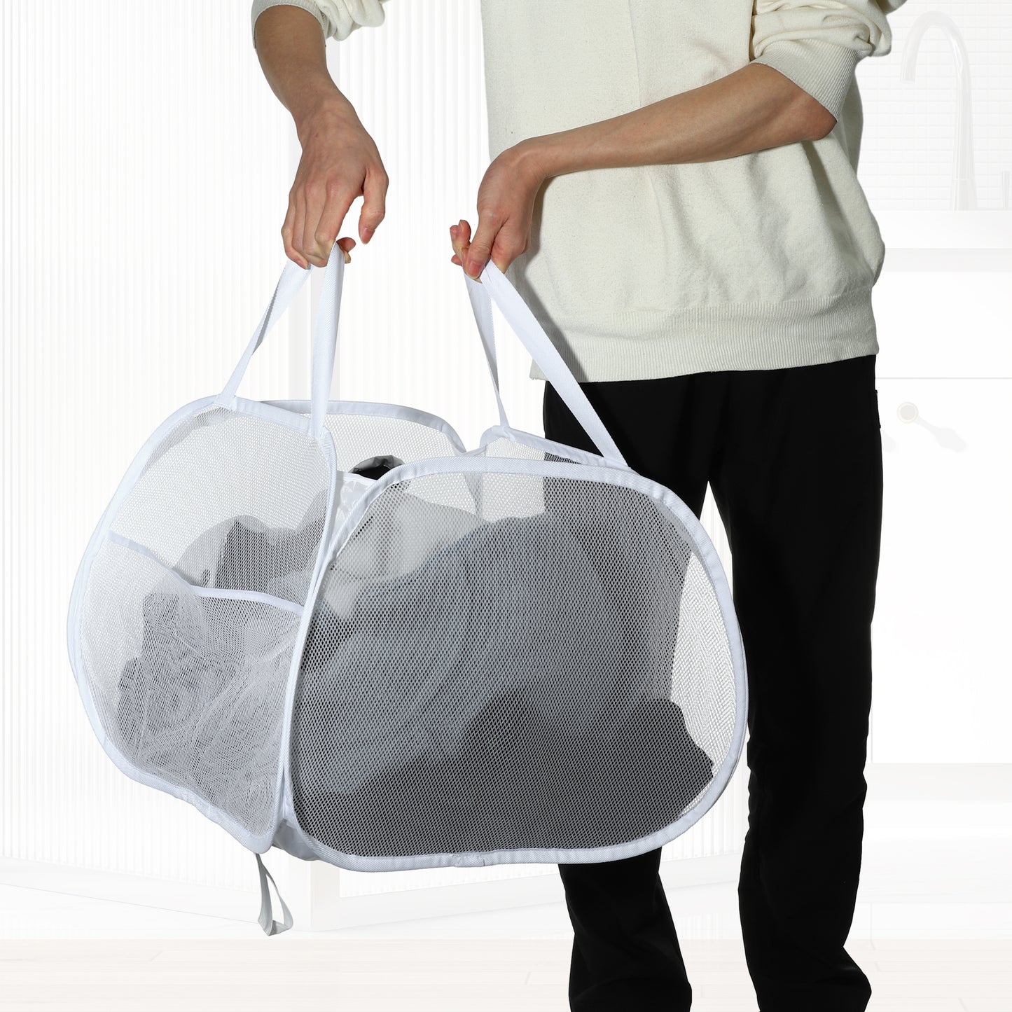 Folding Laundry Basket Portable Hamper Basket for Bathroom 90L White
