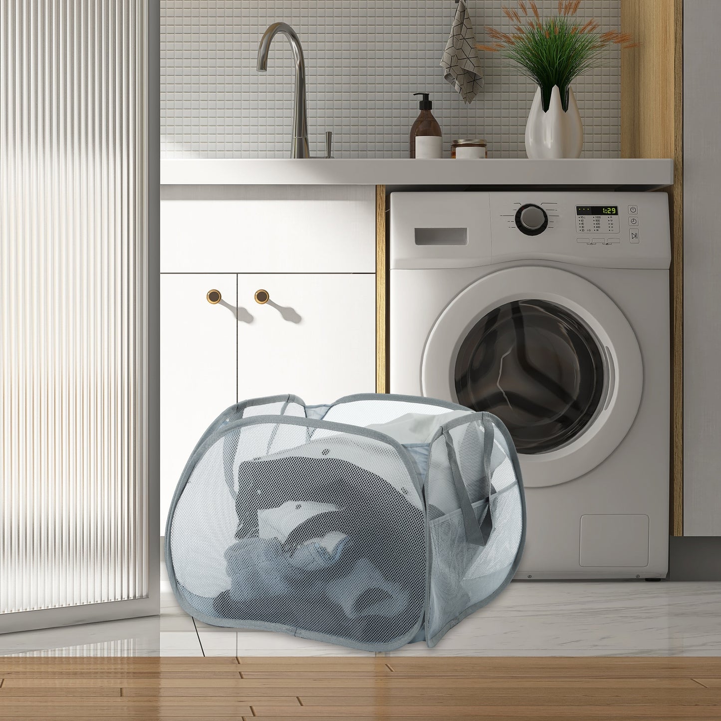 Folding Laundry Basket Portable Hamper Basket for Bathroom 90L Gray