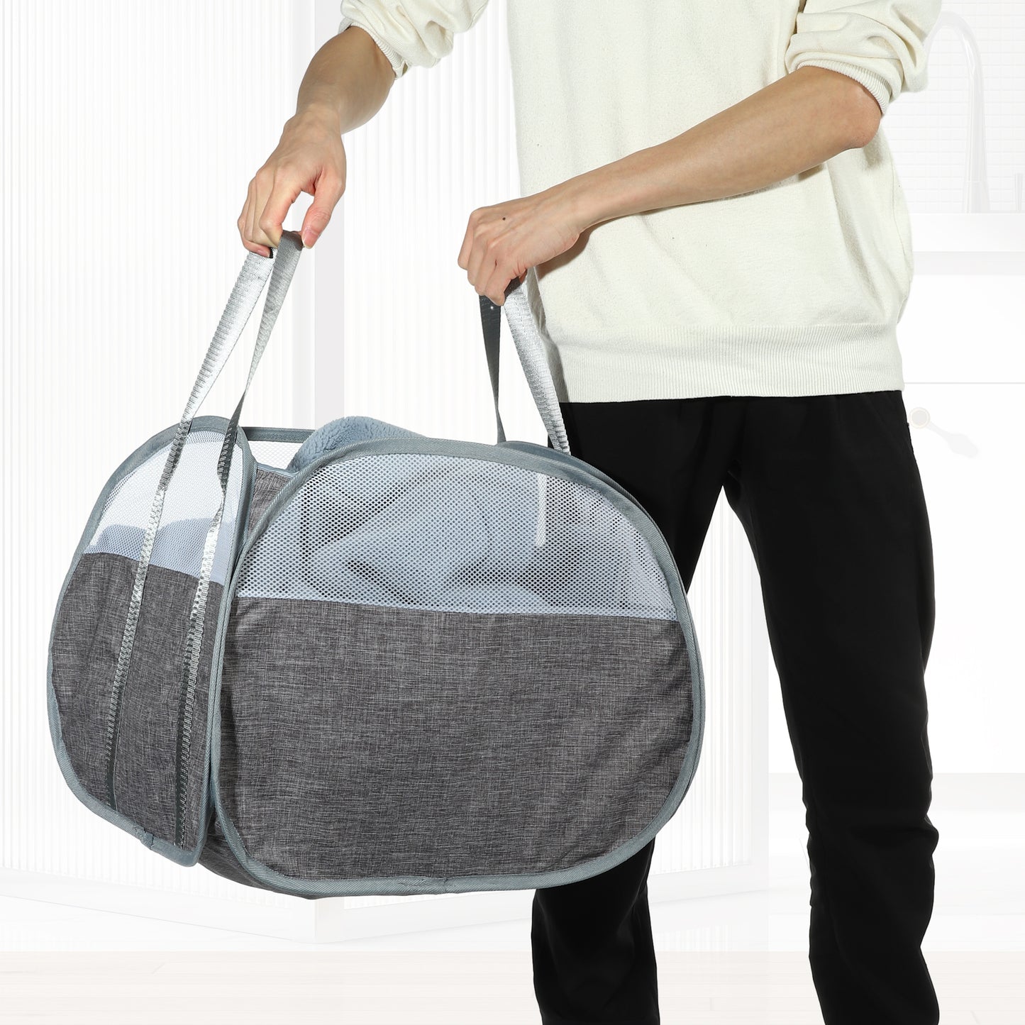 Folding Laundry Basket Breathable Hamper Basket for Bathroom 90L Gray