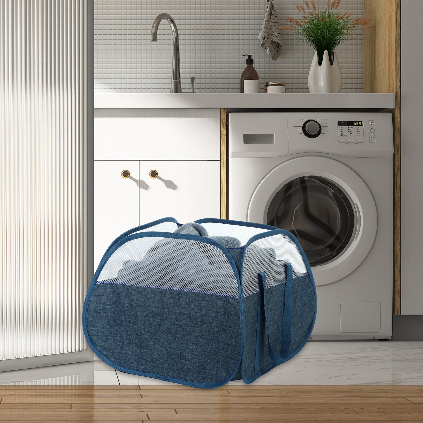 Folding Laundry Basket Breathable Hamper Basket for Bathroom 90L Blue