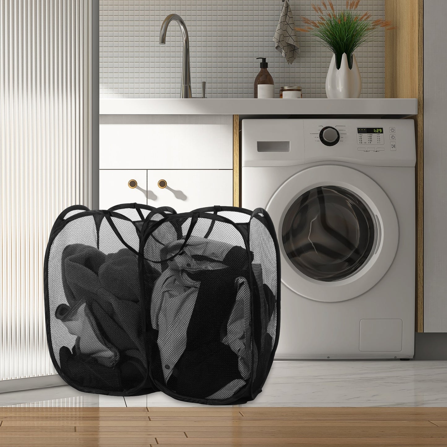 Folding Laundry Basket Portable Hamper Basket for Bathroom 140L Black
