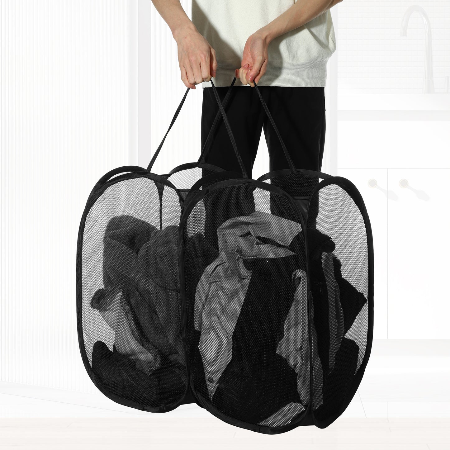 Folding Laundry Basket Portable Hamper Basket for Bathroom 140L Black