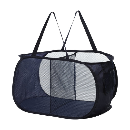 Folding Laundry Basket 2 Compartments Hamper Basket for Bathroom 75L Navy Blue