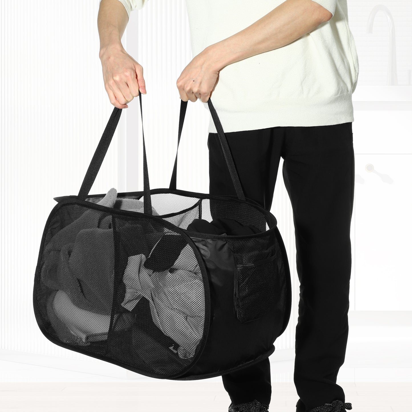 Folding Laundry Basket 2 Compartments Hamper Basket for Bathroom 75L Black
