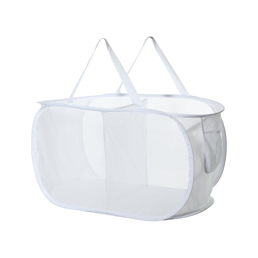 Folding Laundry Basket 2 Compartments Hamper Basket for Bathroom 75L White